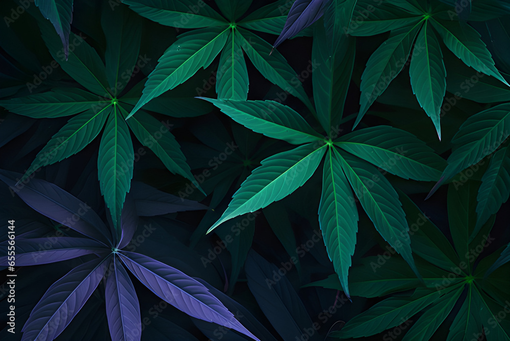 Closeup Nature View of Green Leaf and Cassava Leaves Background. Flat Lay, Dark Nature Concept, Tropical Leaf.
