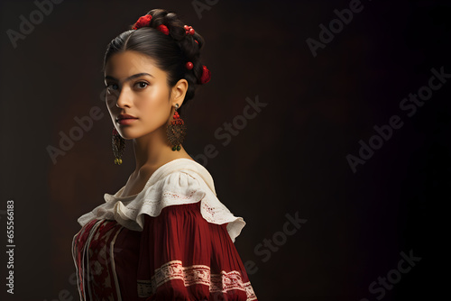 Beautiful Mexican young woman people in a Female Mexico national costume uniform, Woman in Chiapaneca dress in dark studio background with copy space
