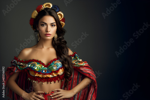 Beautiful Mexican young woman people in a Female Mexico national costume uniform, Woman in Chiapaneca dress in dark studio background with copy space photo