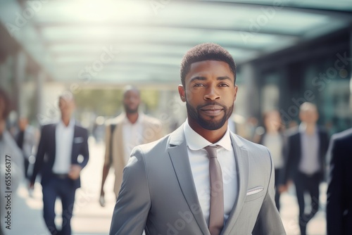 Black Businessman Walking in Modern City, Handsome Man Walks on a Crowded Pedestrian Street, African Manager Surrounded by Blur People on Busy Street.