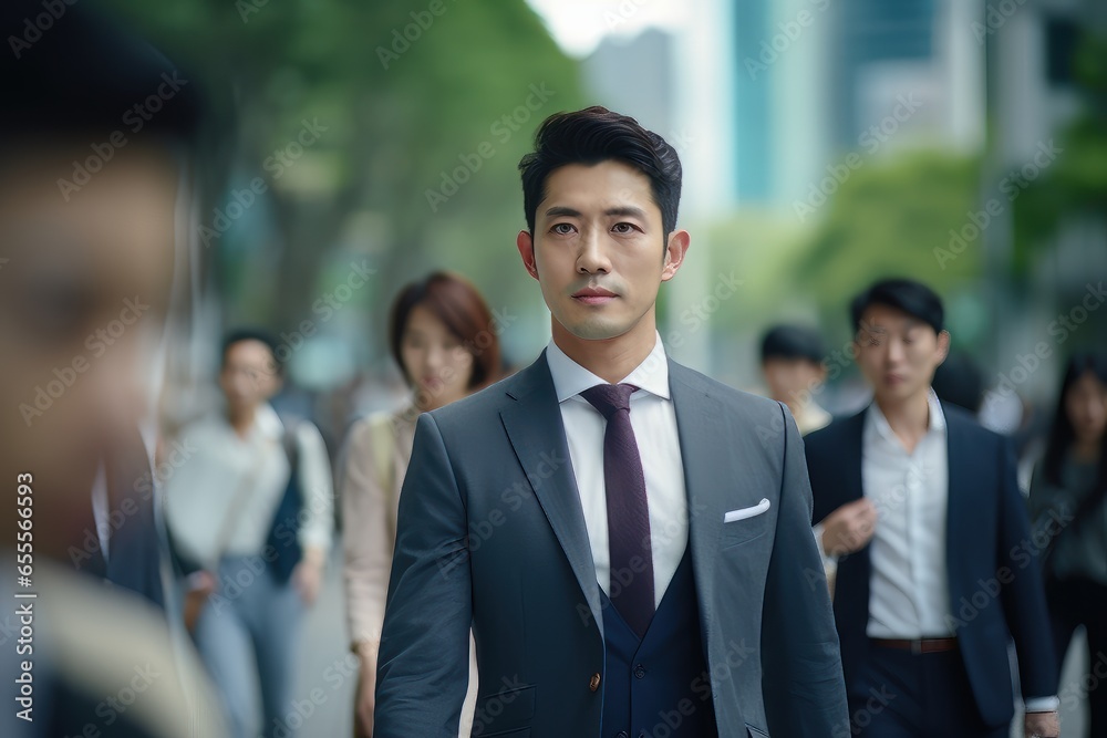 Asian Businessman Walking in Modern City, Handsome Man Walks on a Crowded Pedestrian Street, Asian Manager Surrounded by Blur People on Busy Street. Asian Businessman Walking in Modern City, Handsome Man Walks on a Crowded Pedestrian Street, Asian Manager Surrounded by Blur People on Busy Street.