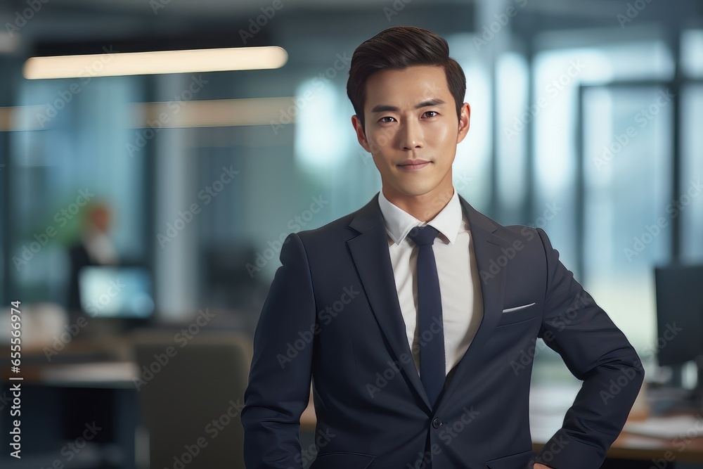 Portrait of a Handsome Businessman in Modern Office, Asian Manager Looking at Camera and Smiling, Confident Male CEO Planning and Managing Company Strategy.