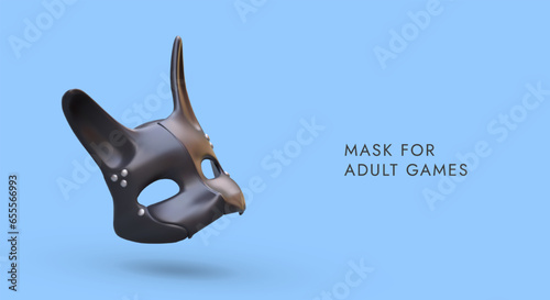 Leather accessory for adult games. Animal mask with eye holes. BDSM theme, domination and submission. Elements of clothing for role playing games. Realistic illustration on blue background