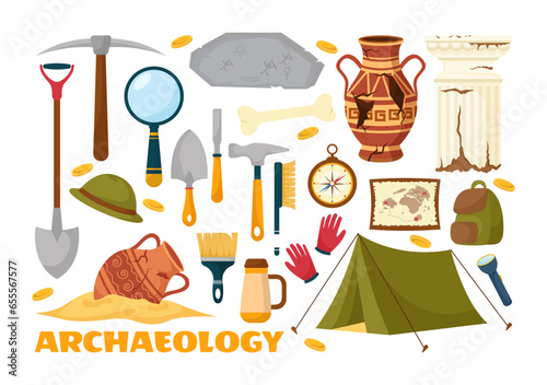 Archeology Vector Illustration with Archaeological Excavation of ancient Ruins, Artifacts and Dinosaurs Fossil in Flat Cartoon Hand Drawn Templates