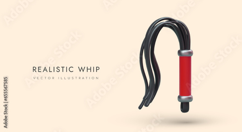3D multi tailed whip for sexual pleasure. BDSM accessory with red handle. Lash sexy toy. Hard sex games for adults. Domination and submission. Vector concept