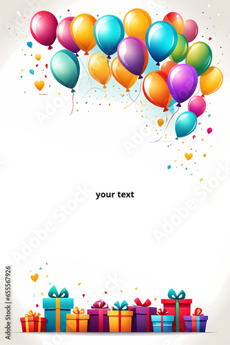 A quote about birthday with white background of colorful gifts and beautifully balloons.