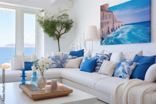 a white sofa adorned with blue sea-themed cushions in a bright room photo