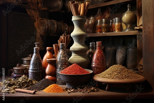 mortar with mixed spices surrounded by spice jars on a wooden shelf