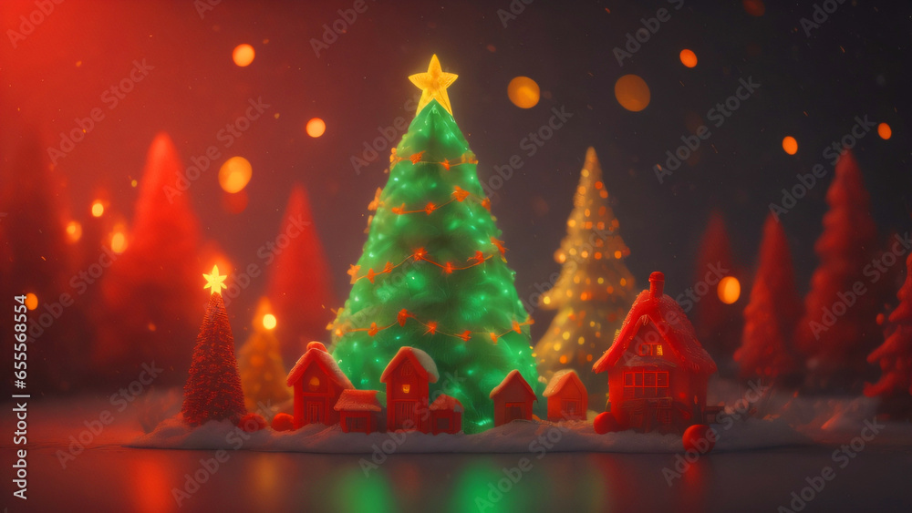 Christmas background illuminated by a Christmas tree in the center, surrounded by decorated pine trees, in December during winter. Christmas background illuminated by a Christmas tree in the center, surrounded by decorated pine trees, in December during winter.