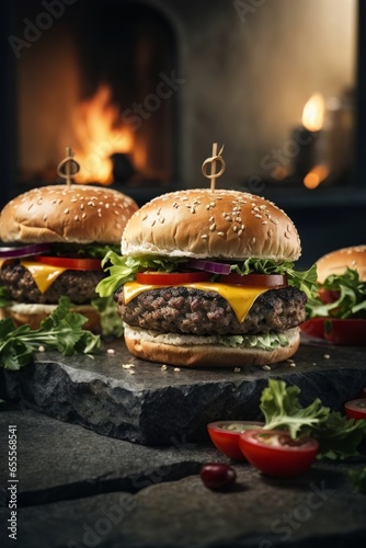 Delicious hamburgers with cheese  lettuce  and tomatoes