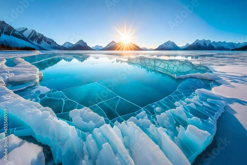Colorful winter sunrise over the crystal blue ice of frozen Abraham Lake  Alberta  Canadian Rockies. The transparent cracked blue ice is shining through the sunlight