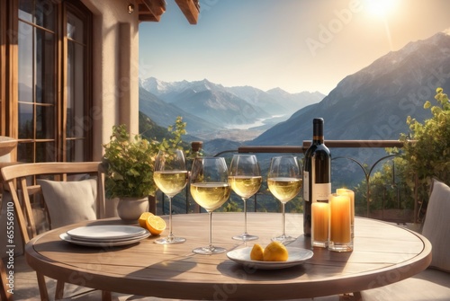 Table on a terrace with glasses of wine, fruits, sunshine, summer vibes vacation, mountains in the background. Served table on a luxury villa with mountain view © useful pictures