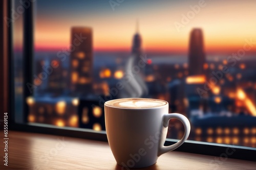 Hot coffee cup on windowsill with blurry night city in the background. Coffee cup on sunset sky urban background. View from the window to evening city.