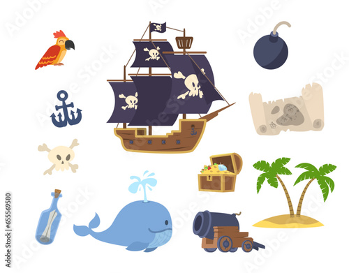 Pirate elements and accessories set, cartoon flat vector illustration isolated on white background.