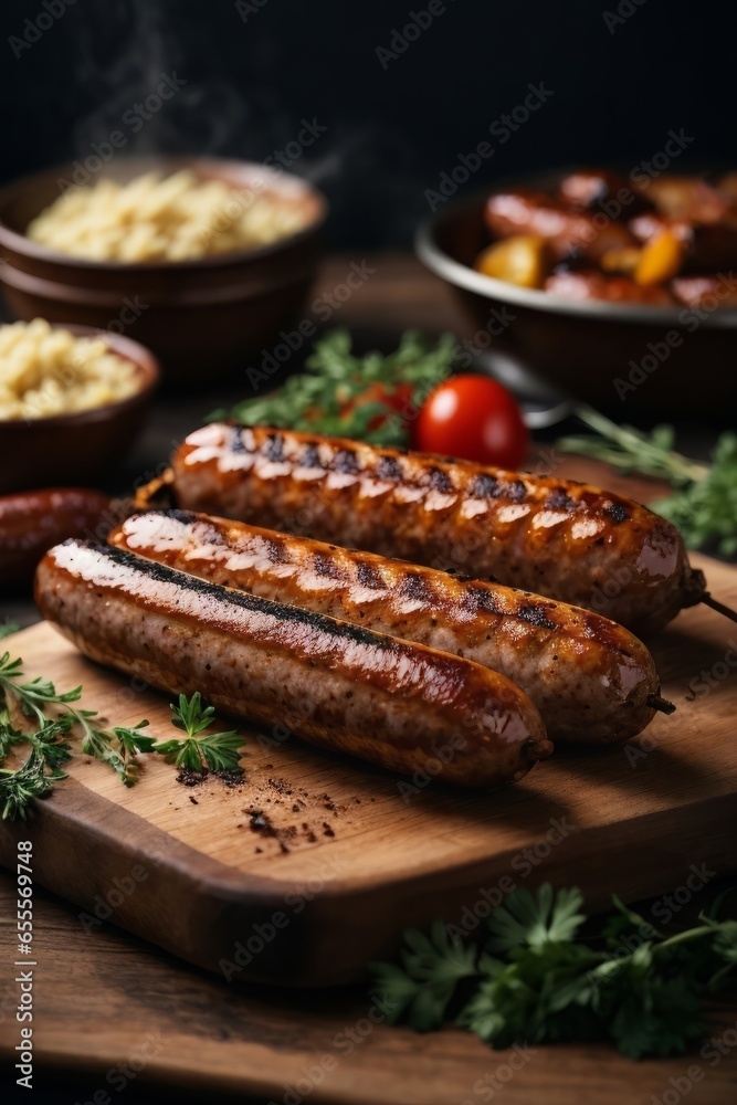 Two sausages on a rustic wooden cutting board