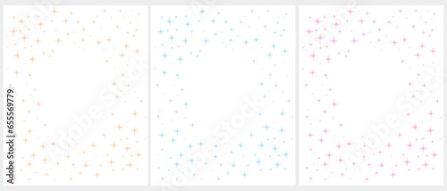 Set of 3 Starry Vector Layouts with Beige, Pastel Pink and Light Blue Stars on a White Background. Irregular Frame Made of Stars. Lovely Border with Copy Space. No text. RGB Colors. 