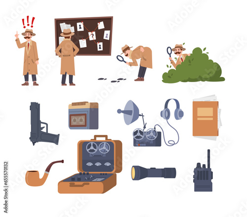 Vector set of detective looking through magnifying glass, sneaking, spying, solving crime, equipment for investigation and evidence secret observation