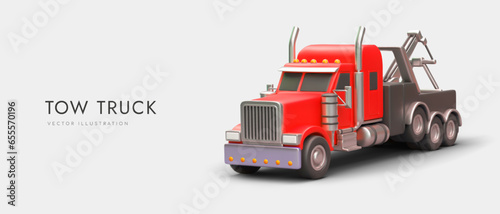 3d realistic tow truck in red colors. Advertising poster for delivery company. Transport evacuation and transportation concept. Colorful vector illustration