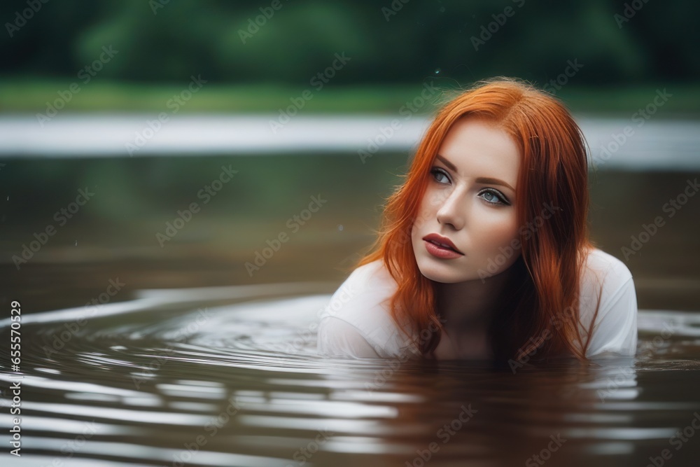 Fototapeta premium Portrait of beautiful sexy redhead green eyes wet woman like a mermaid in the water on the rain. Generative AI