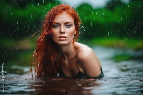 Portrait of beautiful sexy redhead green eyes wet woman like a mermaid in the water on the rain. Generative AI