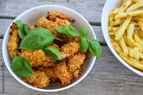  Crispy home made deep fried chicken strips . Breaded with cornflakes chicken breast fillets with chilly peppers and fresh basil on wooden rustic background