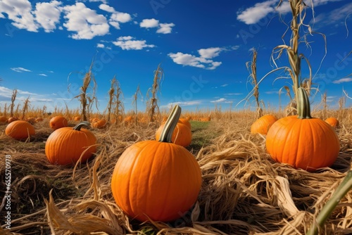 a field of orange pumpkins under a blue sky