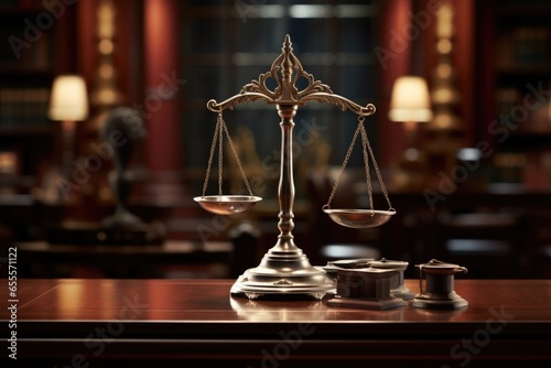 Retro scales of justice on the table in the courtroom