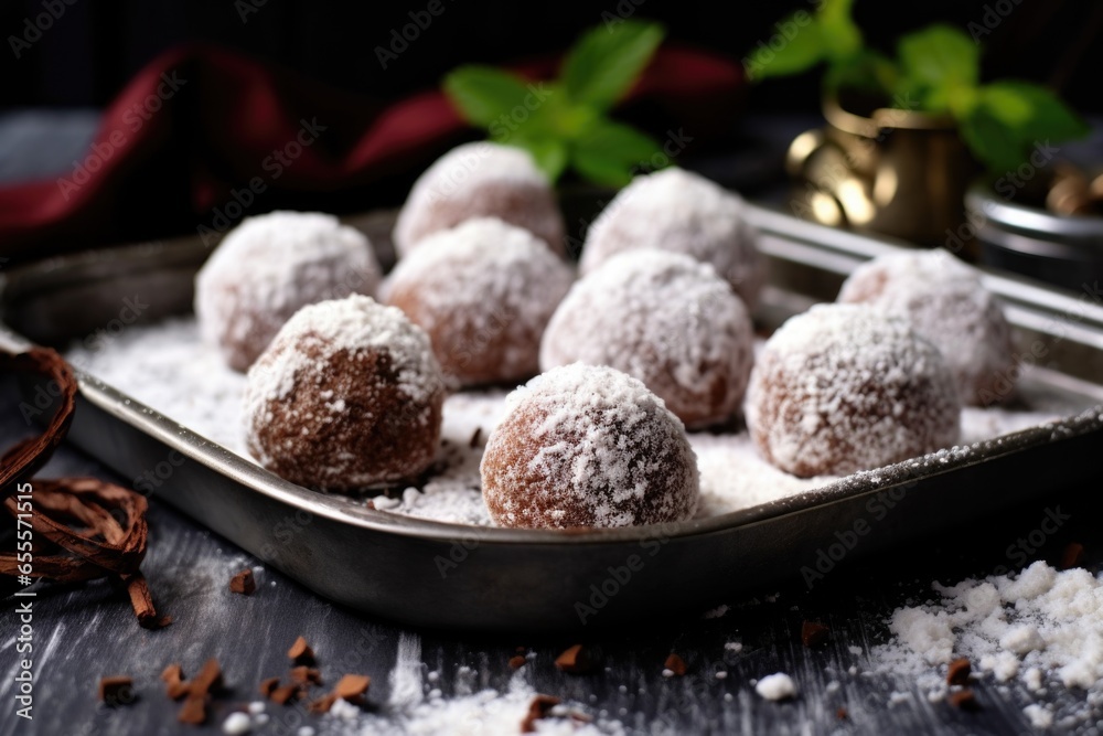 a batch of baked snowball truffles on a metal tray