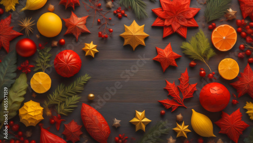 Background inspired by winter colors and fruits, with pieces of Christmas pine trees.