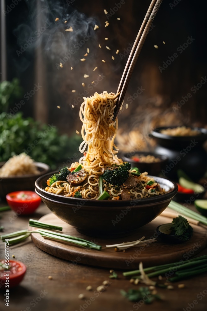 A delicious bowl of noodles being lifted with chopsticks - obrazy, fototapety, plakaty 