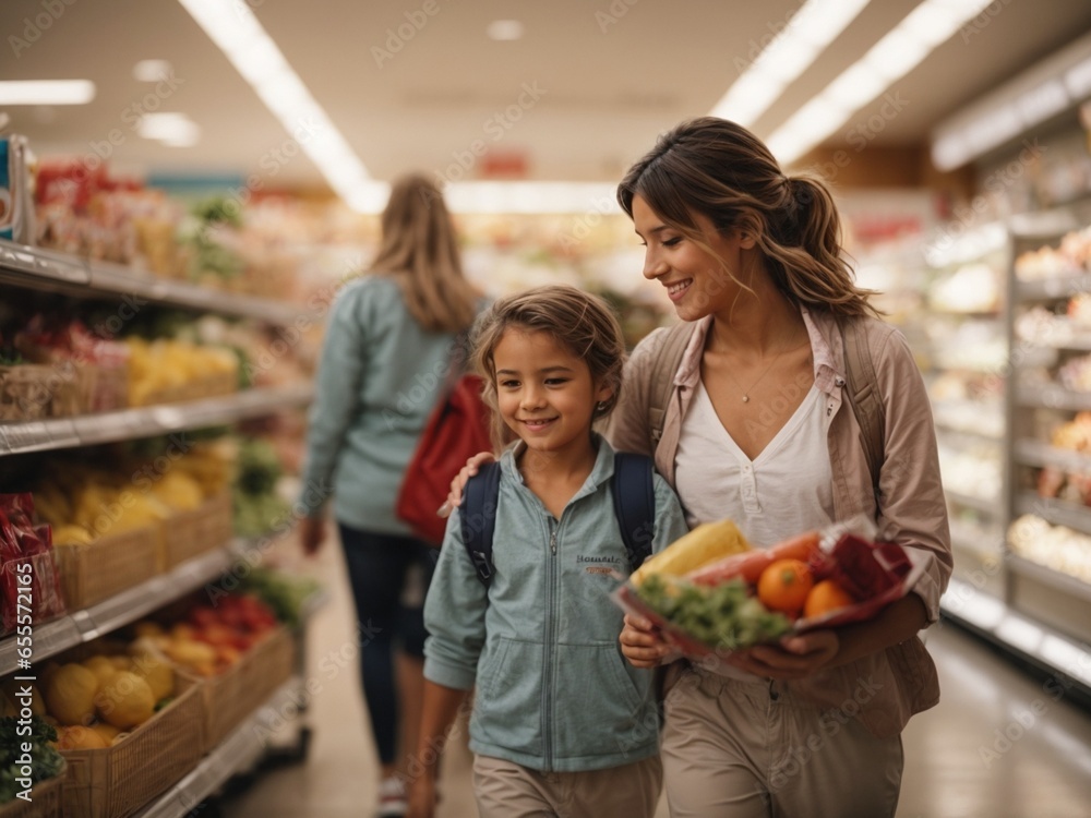 mother and son shopping in supermarket