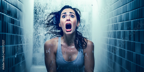 Stunning shocked woman experiencing terror in cold bathroom shower alone.