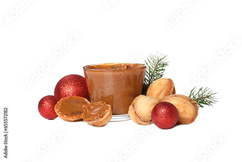 PNG, Cookies nut and glass with condensed milk, isolated on white background