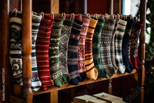 collection of patterned woolen christmas socks on display