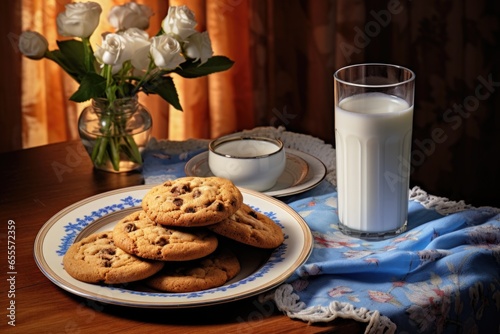 a plate of cookies and a glass of milk on a table