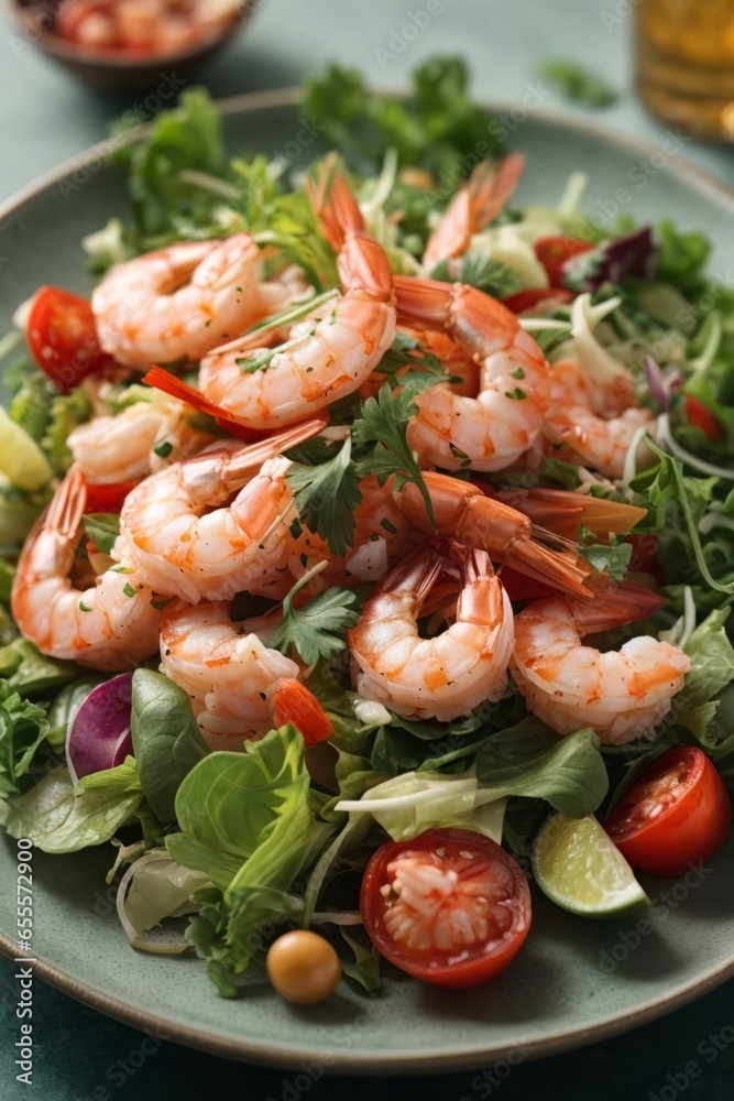 A delicious shrimp salad with fresh tomatoes and crisp lettuce A delicious shrimp salad with fresh tomatoes and crisp lettuce