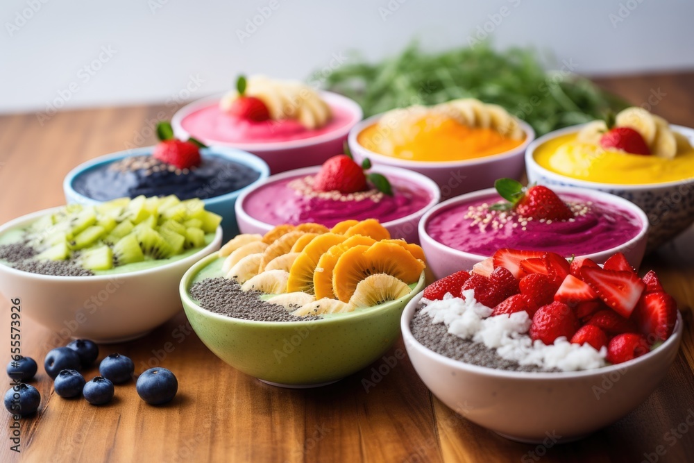 colorful smoothie bowls with various toppings