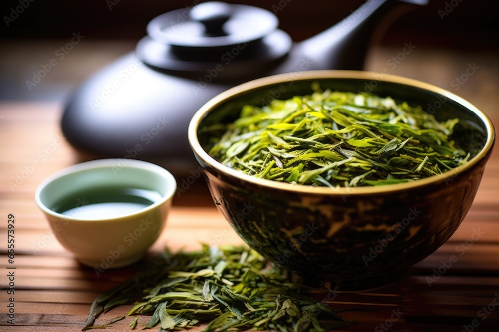 a pot of green tea next to dried leaves