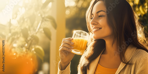 Sunny woman sipping orange juice in a morning garden. photo