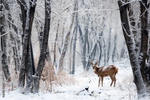 deer grazing in a snow-covered forest © altitudevisual
