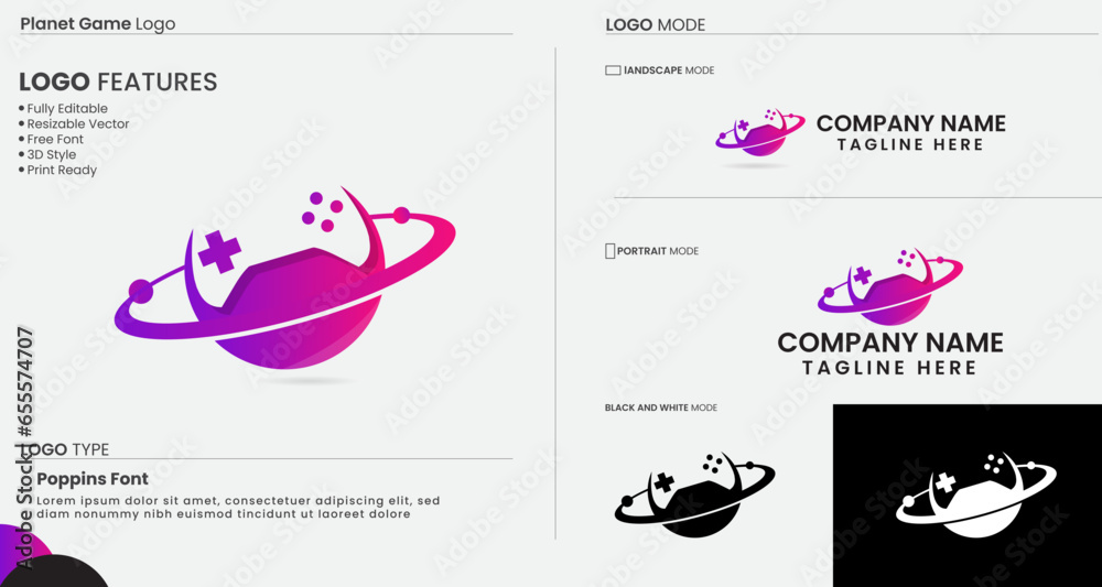 Obraz premium Planet gaming logo design. Game controller logo. Business. Sports. Game. Play. Creative. Space. Planet vector. Colorful design. Controller.