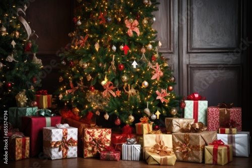 lush christmas tree surrounded by wrapped gifts
