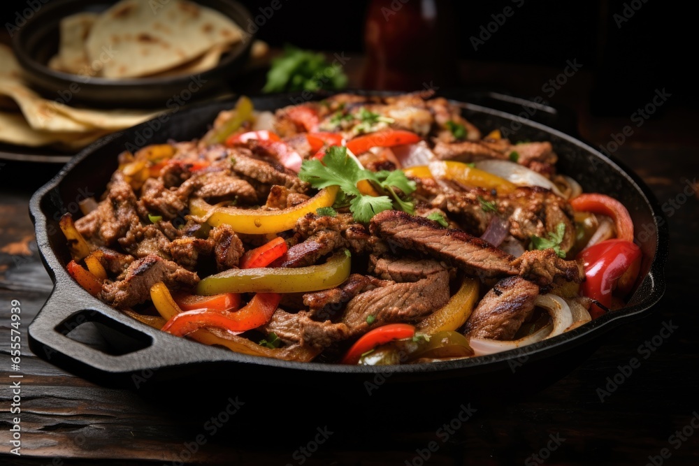 sizzling fajitas in a cast-iron skillet