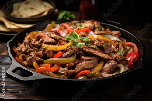 sizzling fajitas in a cast-iron skillet