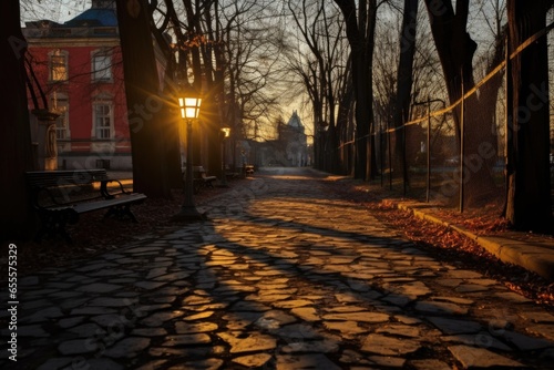 a lantern casting long shadows on a cobblestone park path