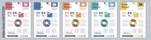 DIN A3 business brand manual templates set. Company identity brochure page with infographic financial data. Marketing research, and commercial offer. Vector layout design for poster, cover, brochure