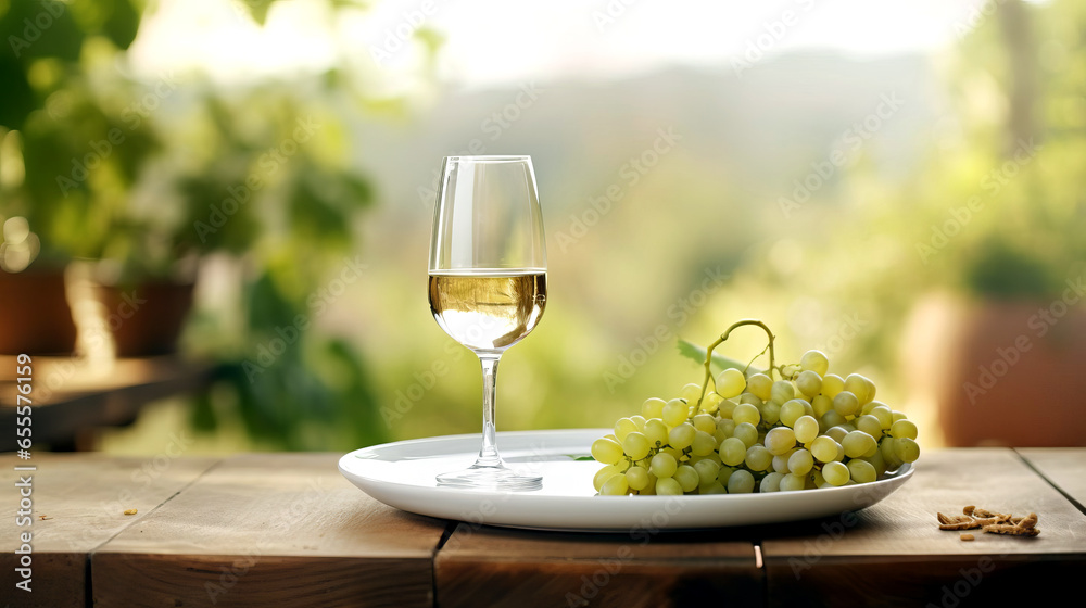 A glass of wine and a bunch of grapes, backdrop of a landscape with vineyards.
