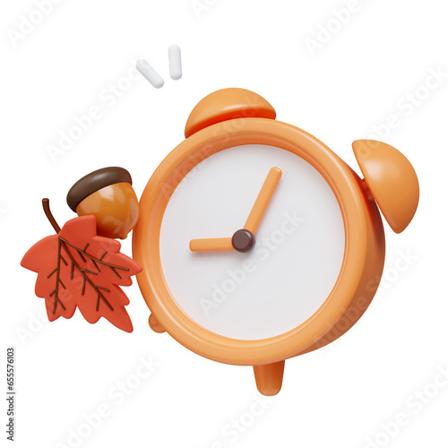 3d Autumn clock . Golden fall. Season decoration. icon isolated on gray background. 3d rendering illustration. Clipping path.
