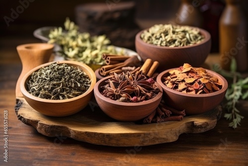 assorted dried tea leaves in wooden bowls