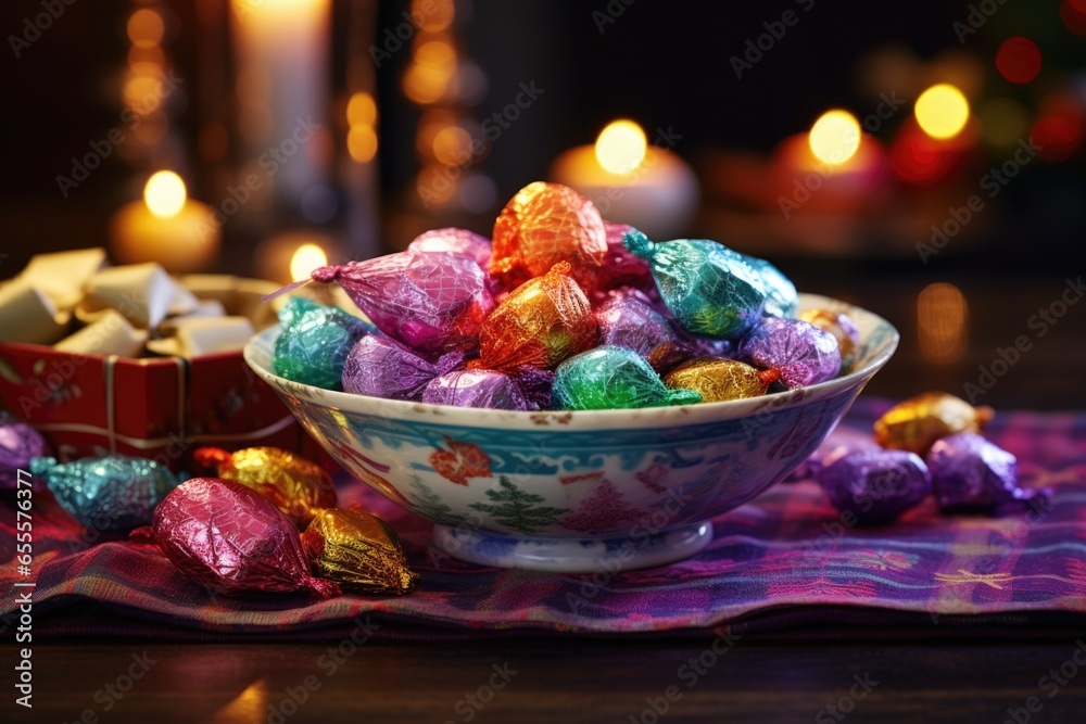 bowl of festive holiday candies in bright wrappers